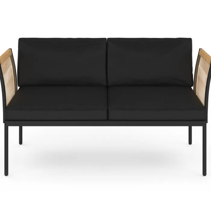 Salon de jardin bas RIO 4 places modulable structure métal noir, cordage effet rotin clair avec coussins noirs