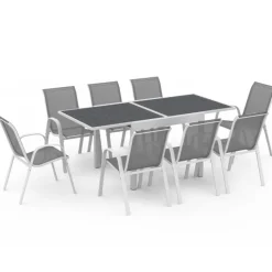 Salon de jardin blanc et gris avec table extensible + 8 chaises