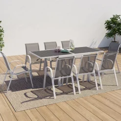 Salon de jardin blanc et gris avec table extensible + 8 chaises