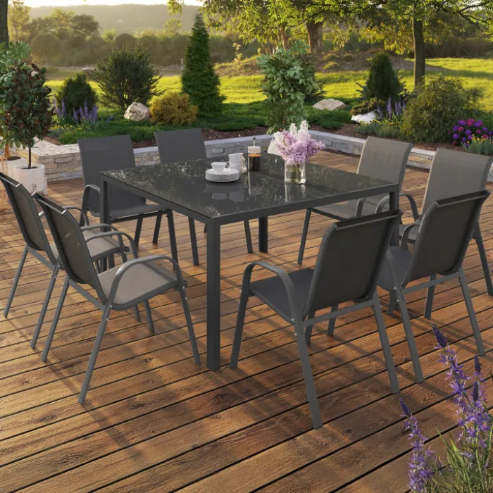 Salon de jardin MADRID table carrée 130 CM et 8 chaises empilables gris anthracite