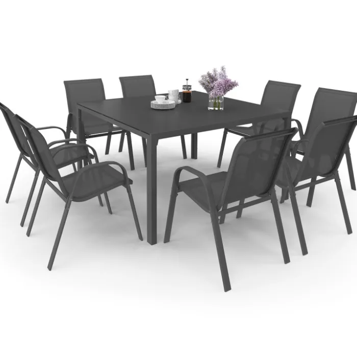 Salon de jardin MADRID table carrée 130 CM et 8 chaises empilables gris anthracite