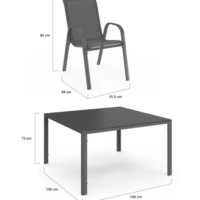 Salon de jardin MADRID table carrée 130 CM et 8 chaises empilables gris anthracite