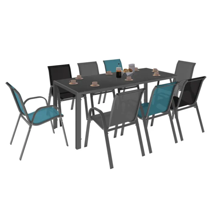 Salon de jardin mix color bleu, gris et noir table 190 cm et 8 chaises empilables