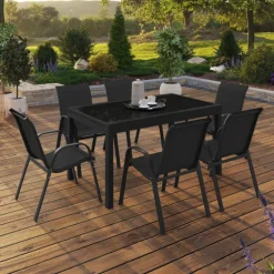 Salon de jardin noir avec table extensible et 12 chaises empilables