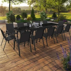 Salon de jardin noir avec table extensible et 12 chaises empilables