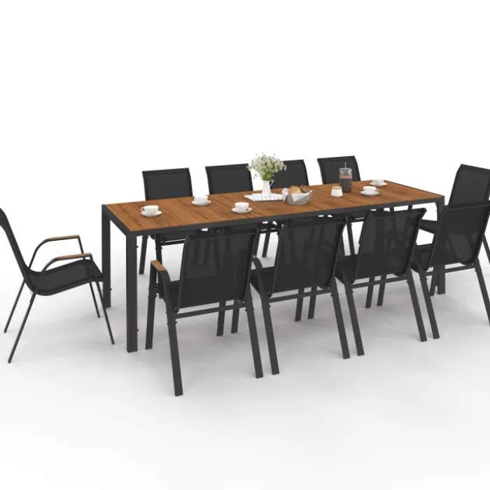 Salon de jardin noir et bois table de jardin 240 cm avec 10 chaises empilables