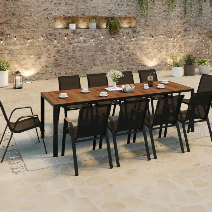 Salon de jardin noir et bois table de jardin 240 cm avec 10 chaises empilables