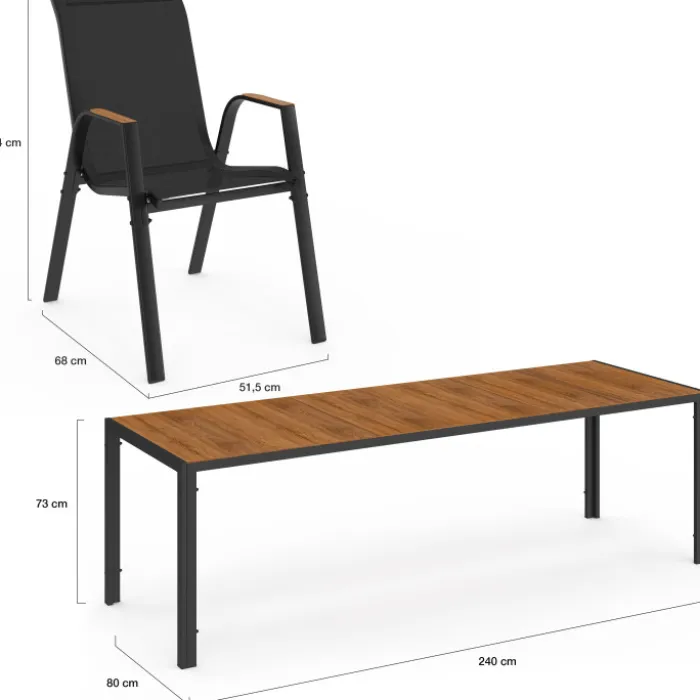 Salon de jardin noir et bois table de jardin 240 cm avec 10 chaises empilables