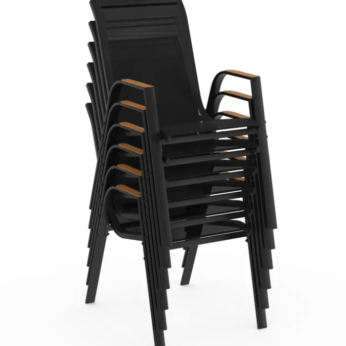 Salon de jardin noir et bois table de jardin 240 cm avec 10 chaises empilables