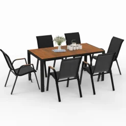 Salon de jardin noir et bois avec table 150 cm plateau verre trempé effet bois et 6 chaises empilables