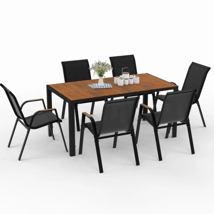 Salon de jardin noir et bois avec table 150 cm plateau verre trempé effet bois et 6 chaises empilables