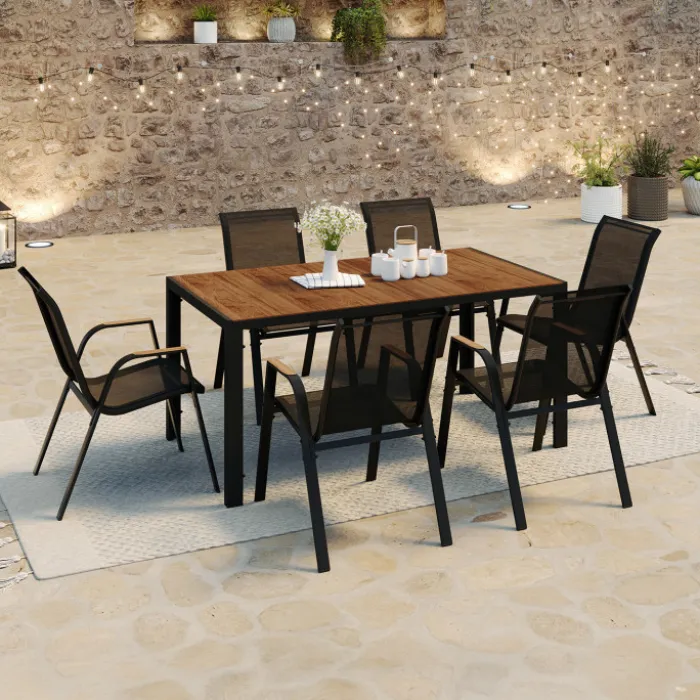 Salon de jardin noir et bois avec table 150 cm plateau verre trempé effet bois et 6 chaises empilables
