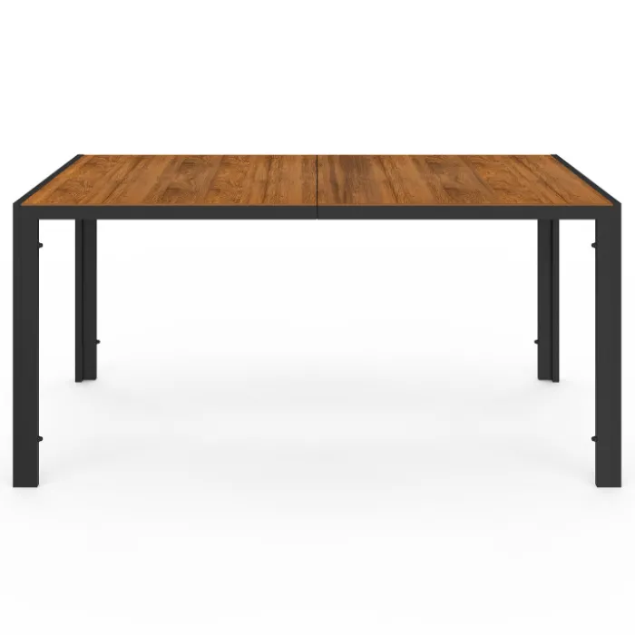 Salon de jardin noir et bois avec table 150 cm plateau verre trempé effet bois et 6 chaises empilables