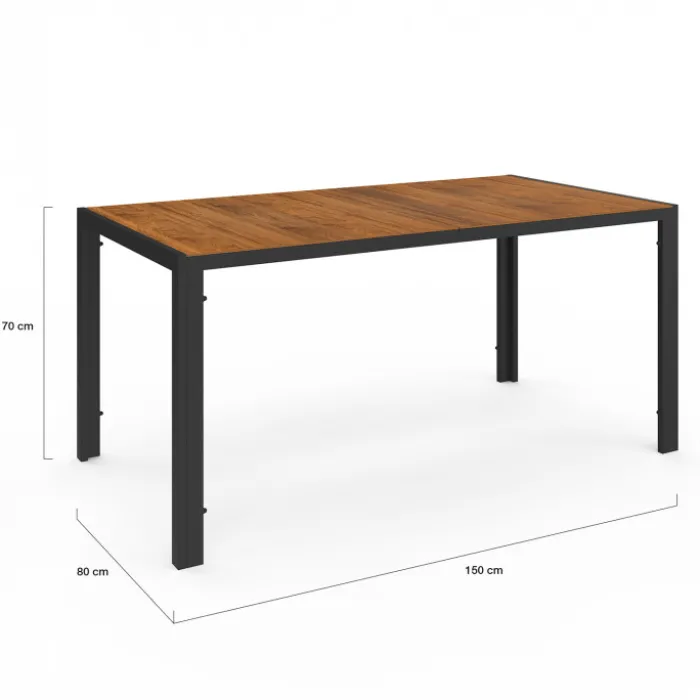 Salon de jardin noir et bois avec table 150 cm plateau verre trempé effet bois et 6 chaises empilables