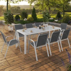 Salon de jardin table 190 cm et 8 chaises empilables blanc et gris