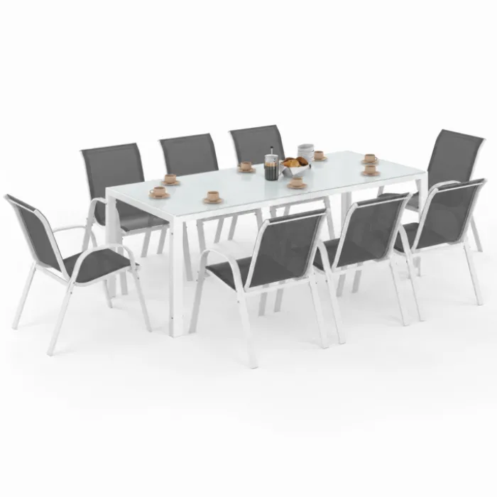 Salon de jardin table 190 cm et 8 chaises empilables blanc et gris