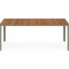 Salon de jardin table 190 cm plateau verre trempé effet bois et 8 chaises empilables vert et bois