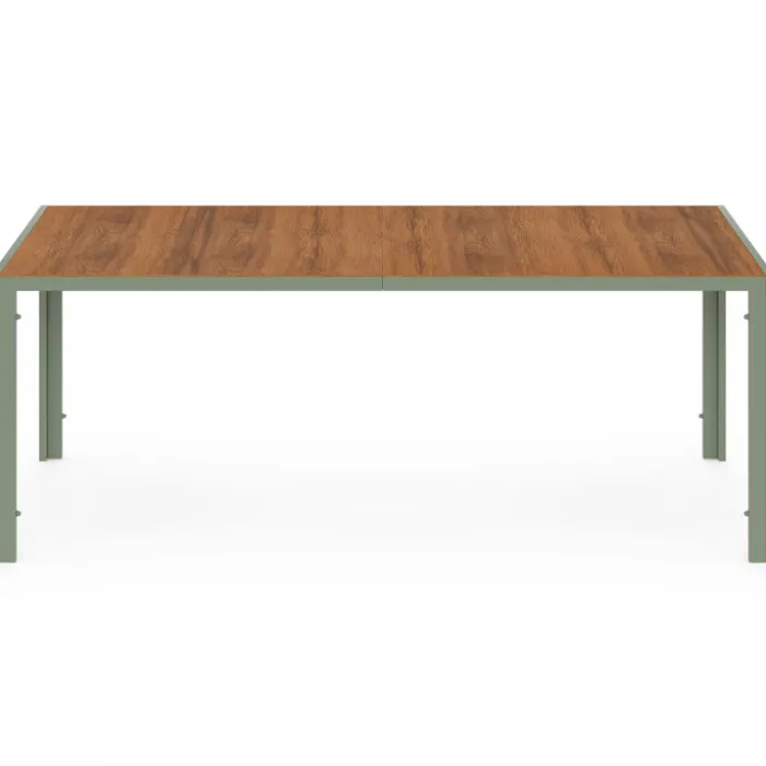 Salon de jardin table 190 cm plateau verre trempé effet bois et 8 chaises empilables vert et bois
