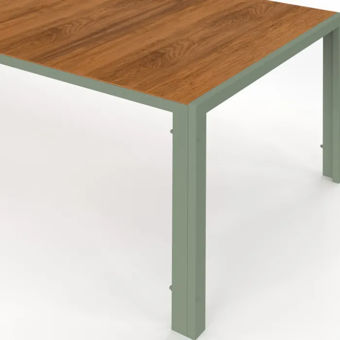 Salon de jardin table 190 cm plateau verre trempé effet bois et 8 chaises empilables vert et bois