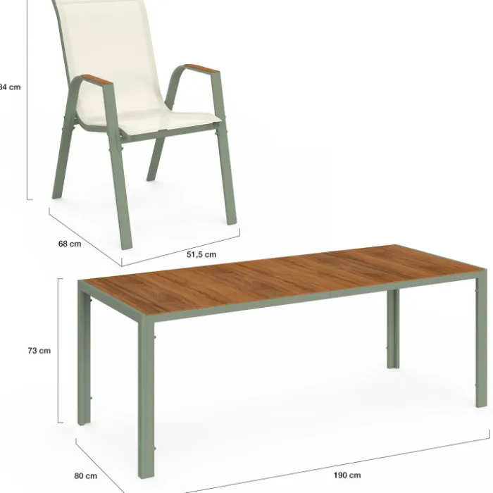 Salon de jardin table 190 cm plateau verre trempé effet bois et 8 chaises empilables vert et bois