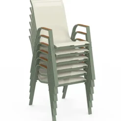 Salon de jardin table 190 cm plateau verre trempé effet bois et 8 chaises empilables vert et bois