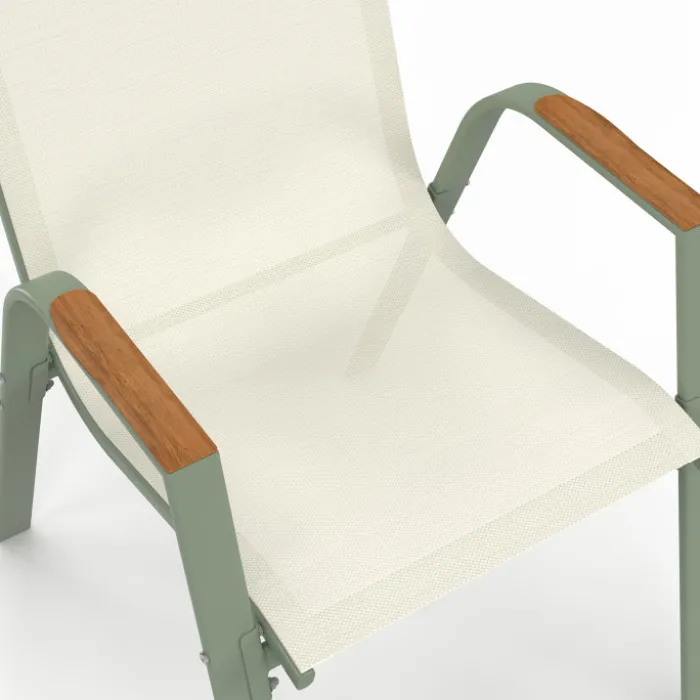 Salon de jardin table 190 cm plateau verre trempé effet bois et 8 chaises empilables vert et bois