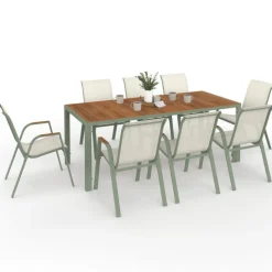 Salon de jardin table 190 cm plateau verre trempé effet bois et 8 chaises empilables vert et bois