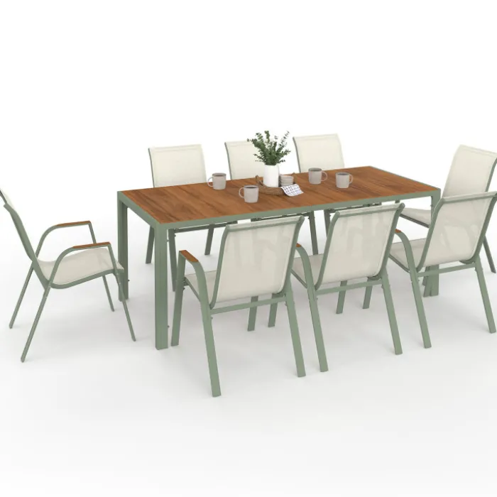 Salon de jardin table 190 cm plateau verre trempé effet bois et 8 chaises empilables vert et bois