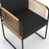 Salon de jardin table 190 CM et 8 chaises métal noir, cordage effet rotin clair et coussins noirs