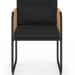 Salon de jardin table 190 CM et 8 chaises métal noir, cordage effet rotin clair et coussins noirs