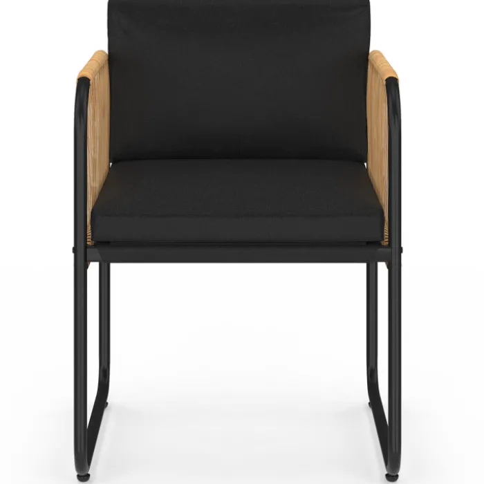 Salon de jardin table 190 CM et 8 chaises métal noir, cordage effet rotin clair et coussins noirs