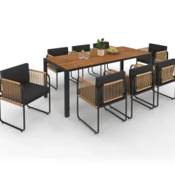 Salon de jardin table 190 CM et 8 chaises métal noir, cordage effet rotin clair et coussins noirs