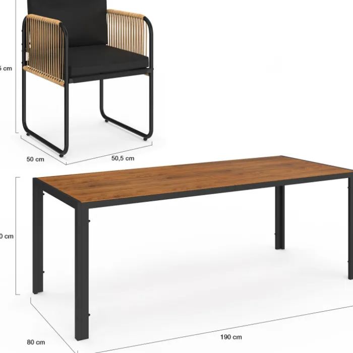 Salon de jardin table 190 CM et 8 chaises métal noir, cordage effet rotin clair et coussins noirs