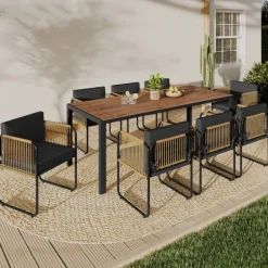 Salon de jardin table 190 CM et 8 chaises métal noir, cordage effet rotin clair et coussins noirs