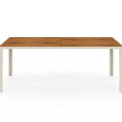 Salon de jardin table 190 CM plateau verre trempé effet bois et 8 chaises empilables beige et bois