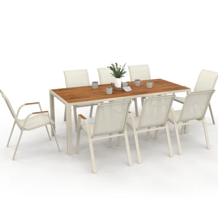 Salon de jardin table 190 CM plateau verre trempé effet bois et 8 chaises empilables beige et bois