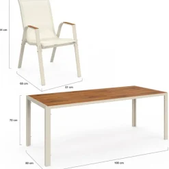 Salon de jardin table 190 CM plateau verre trempé effet bois et 8 chaises empilables beige et bois