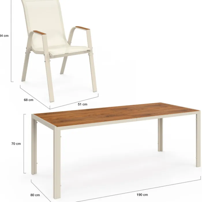 Salon de jardin table 190 CM plateau verre trempé effet bois et 8 chaises empilables beige et bois