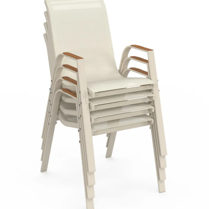 Salon de jardin table 190 CM plateau verre trempé effet bois et 8 chaises empilables beige et bois