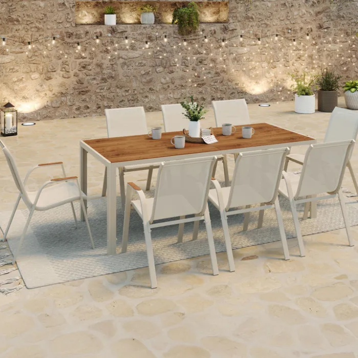 Salon de jardin table 190 CM plateau verre trempé effet bois et 8 chaises empilables beige et bois
