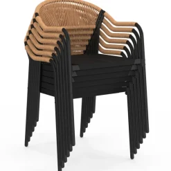 Salon de jardin table 190 cm et 8 chaises cordage et textilène noir et rotin clair