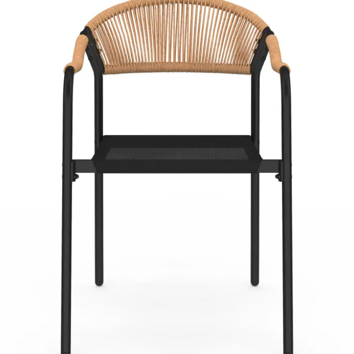 Salon de jardin table 190 cm et 8 chaises cordage et textilène noir et rotin clair