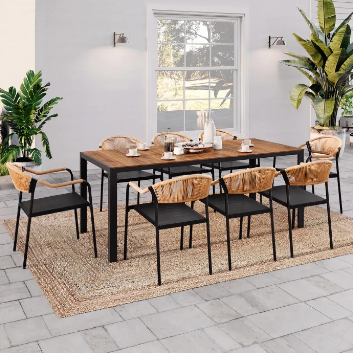 Salon de jardin table 190 cm et 8 chaises cordage et textilène noir et rotin clair