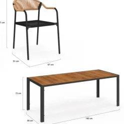 Salon de jardin table 190 cm et 8 chaises cordage et textilène noir et rotin clair