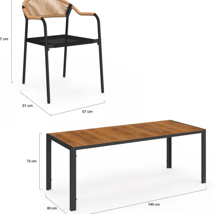 Salon de jardin table 190 cm et 8 chaises cordage et textilène noir et rotin clair