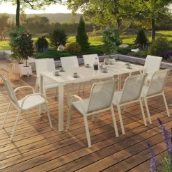Salon de jardin table 190 CM et 8 chaises empilables beige