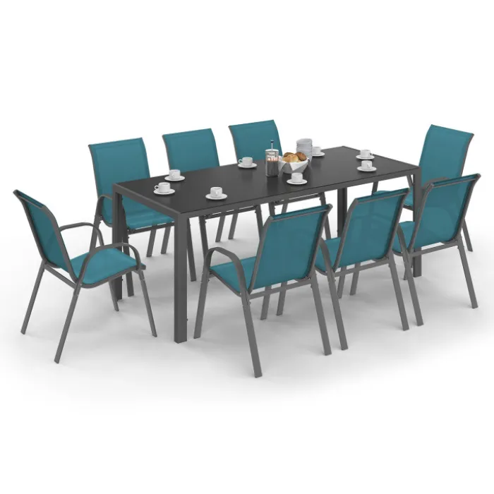 Salon de jardin table 190 cm et 8 chaises empilables bleu canard