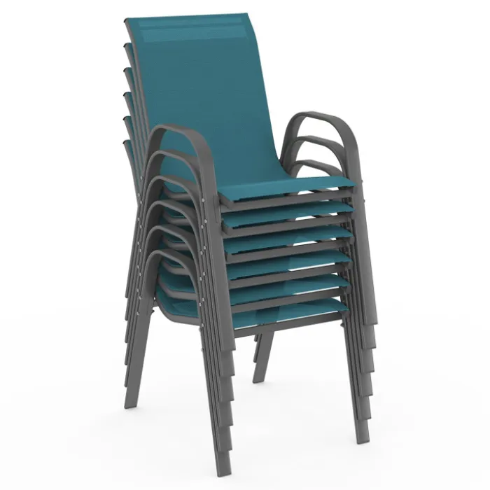 Salon de jardin table 190 cm et 8 chaises empilables bleu canard