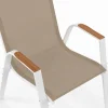 Salon de jardin table 240 CM plateau verre trempé effet bois et 10 chaises empilables blanc et bois
