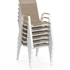 Salon de jardin table 240 CM plateau verre trempé effet bois et 10 chaises empilables blanc et bois